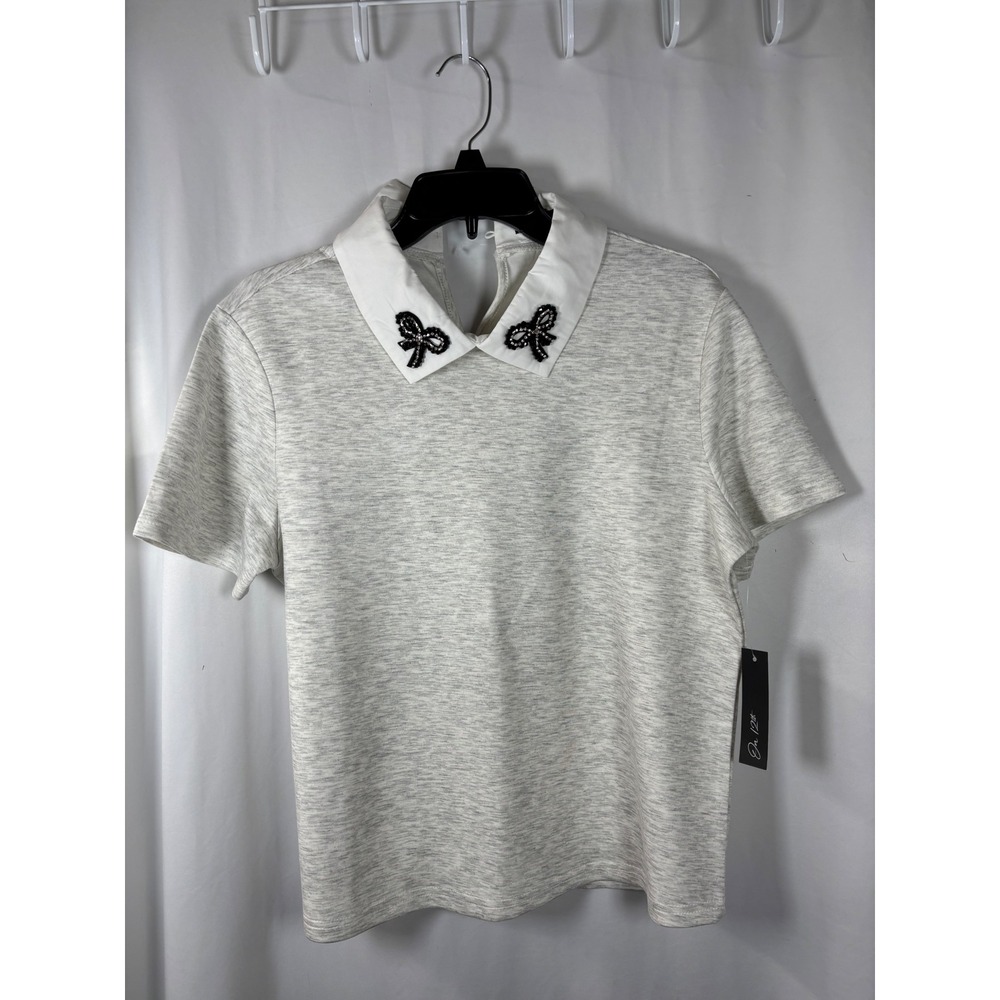 On 12th Womens Heather Grey Beaded Contrast Collar Short Sleeve Top Large NEW